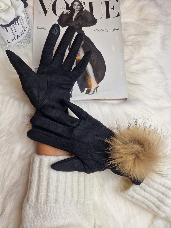 Rękawiczki ALOWA z pomponem z futerka naturalnego