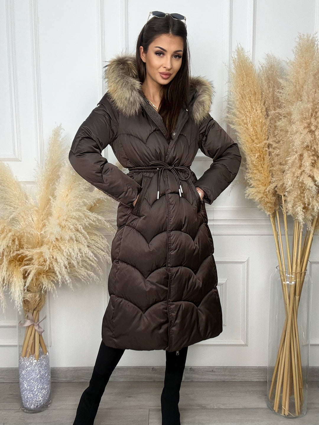 PŁASZCZ ANIKA - długi, ocieplany z futerkiem