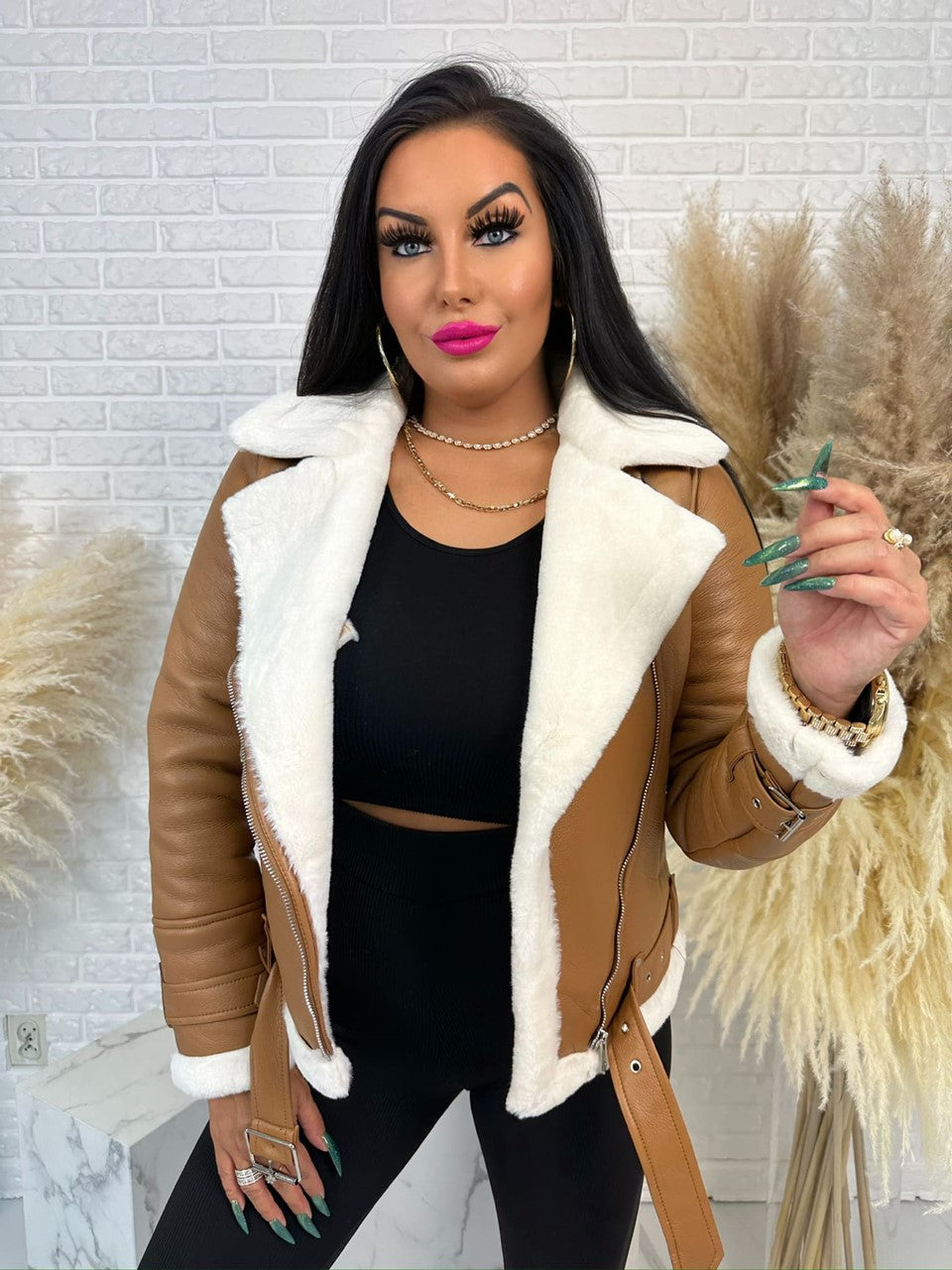 Kurtka ramoneska Klaudia karmel-biały