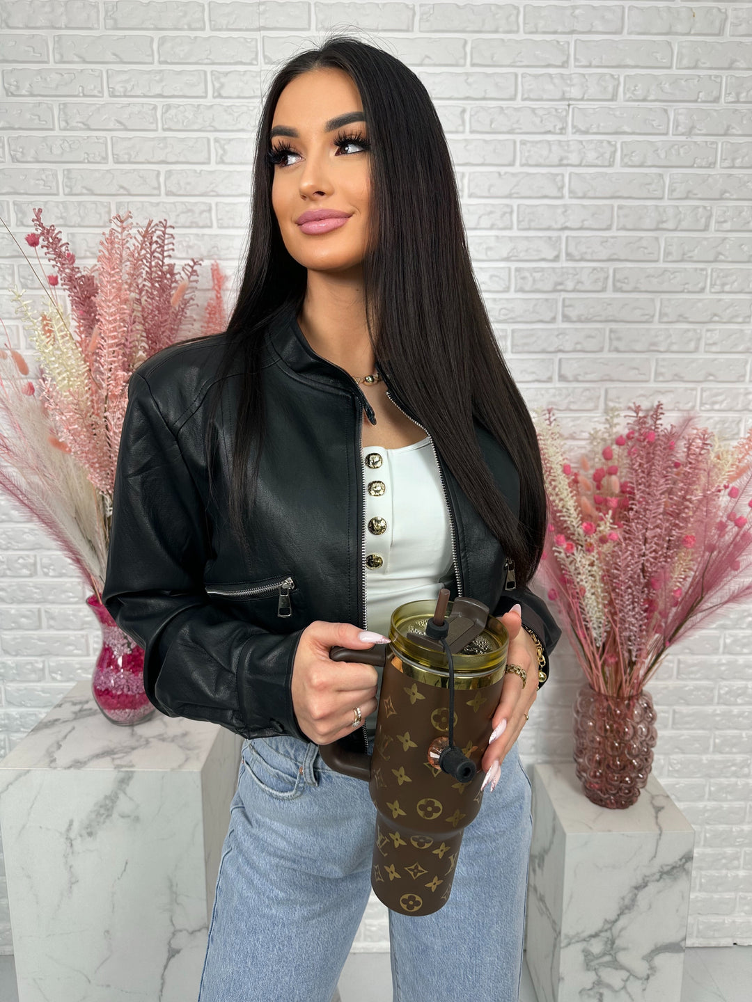 Kurtka MARIANNA - bomberka z ekoskóry, stójka i duże kieszenie