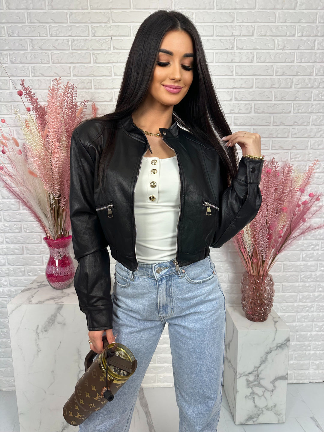 Kurtka MARIANNA - bomberka z ekoskóry, stójka i duże kieszenie