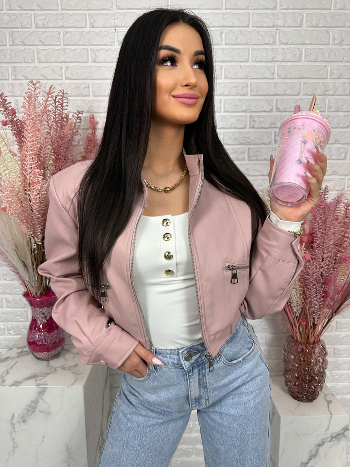 Kurtka MARIANNA - bomberka z ekoskóry, stójka i duże kieszenie