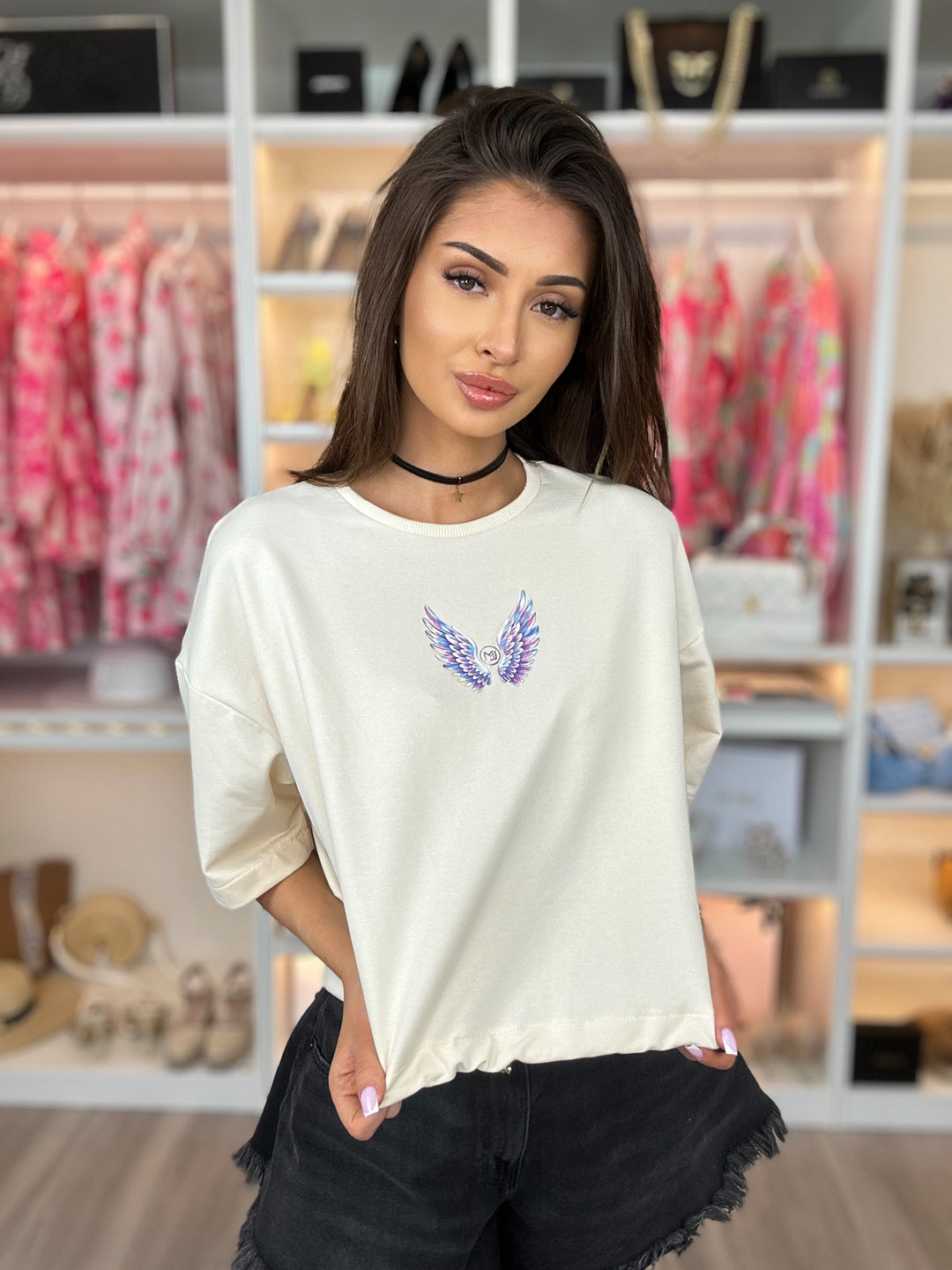 T-shirt FLY ze skrzydłami i ściągaczem w pasie