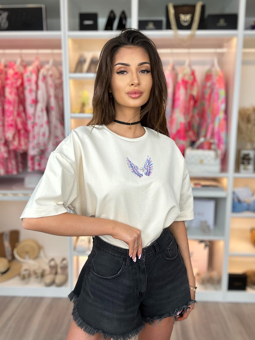 T-shirt FLY ze skrzydłami i ściągaczem w pasie