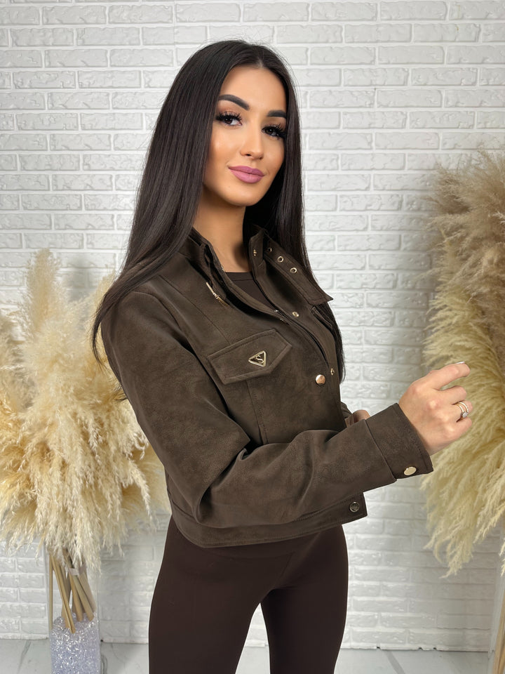 Kurtka DAKOTA - zamszowa ramoneska ze stójką i złotymi dodatkami