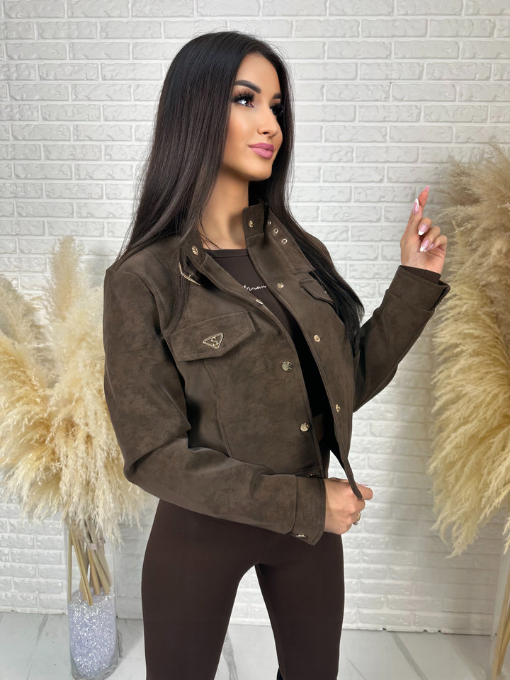 Kurtka DAKOTA - zamszowa ramoneska ze stójką i złotymi dodatkami