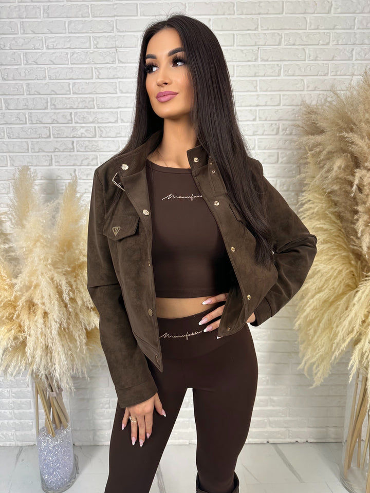 Kurtka DAKOTA - zamszowa ramoneska ze stójką i złotymi dodatkami