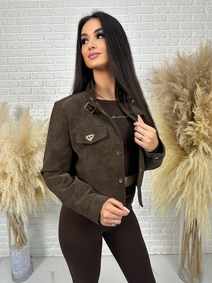 Kurtka DAKOTA - zamszowa ramoneska ze stójką i złotymi dodatkami