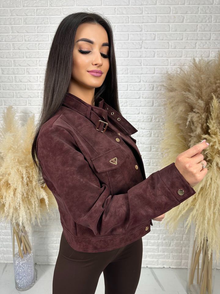 Kurtka DAKOTA - zamszowa ramoneska ze stójką i złotymi dodatkami