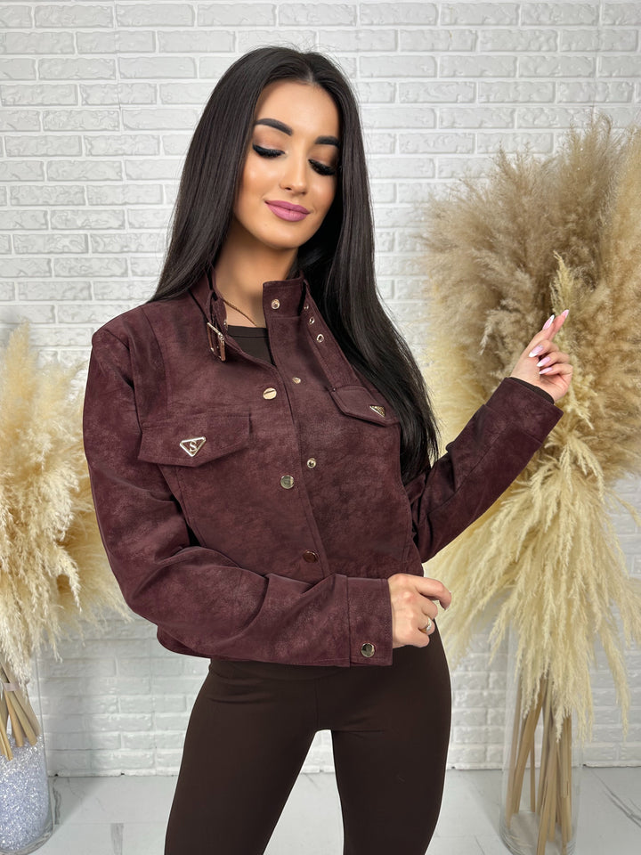 Kurtka DAKOTA - zamszowa ramoneska ze stójką i złotymi dodatkami