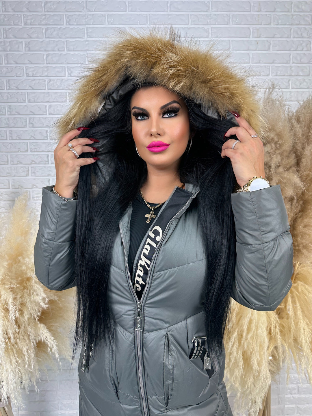 Kurtka MESA - długa zimowa kurtka, kaptur z futerkiem