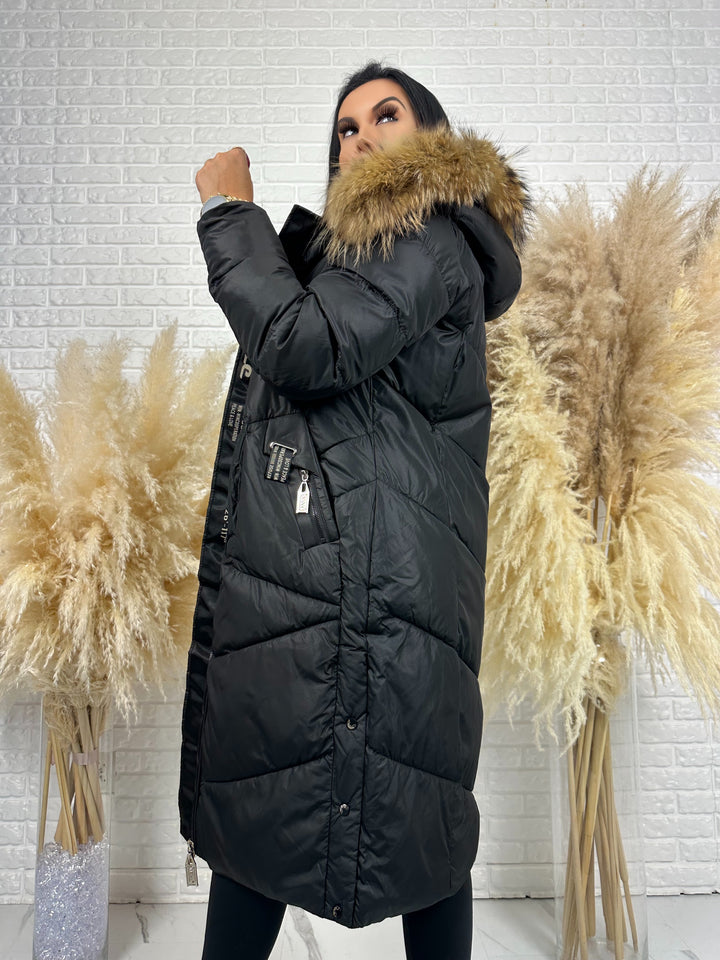 Kurtka MESA - długa zimowa kurtka, kaptur z futerkiem