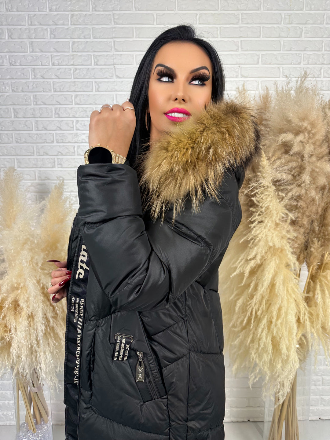 Kurtka MESA - długa zimowa kurtka, kaptur z futerkiem