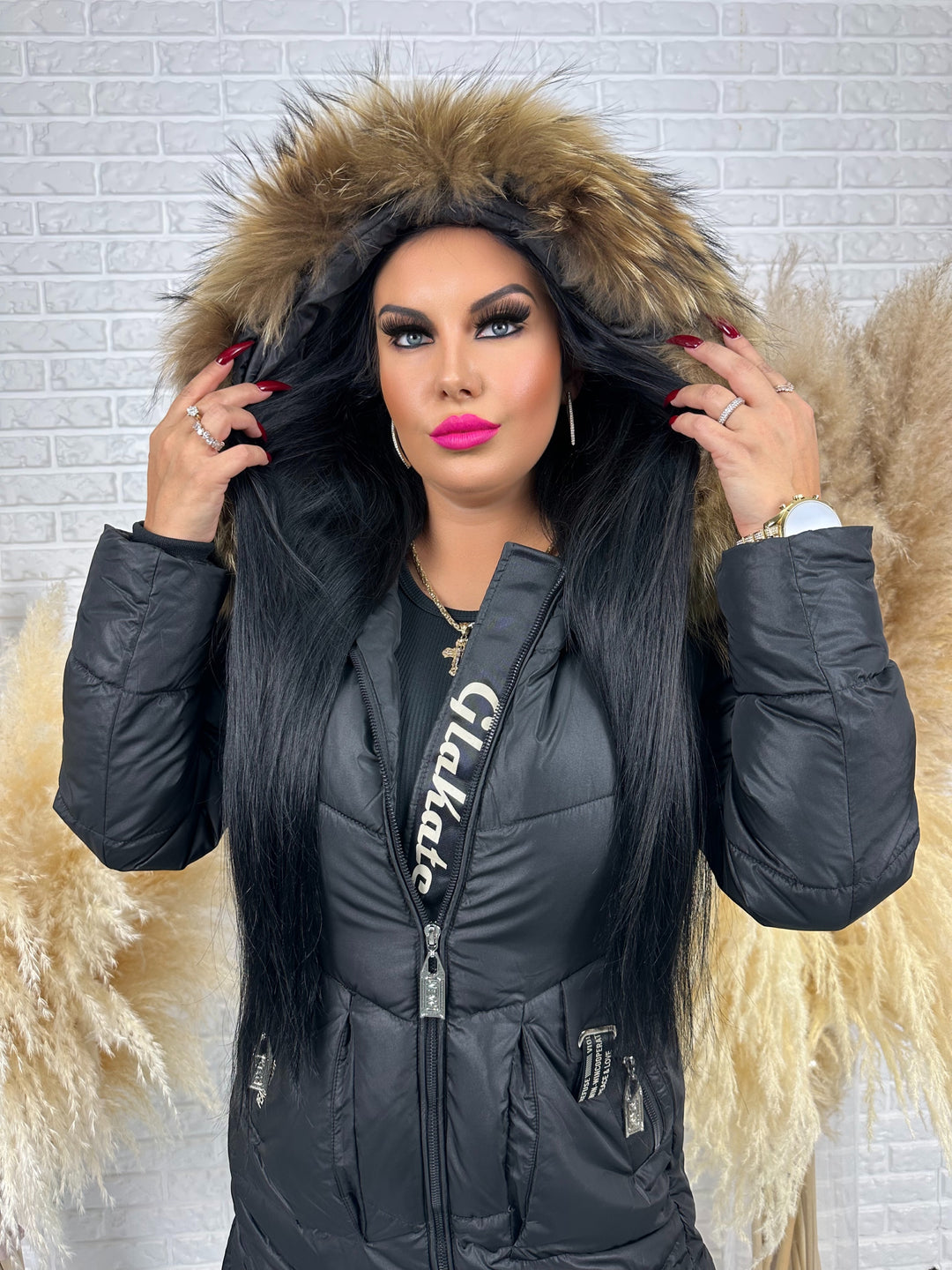 Kurtka MESA - długa zimowa kurtka, kaptur z futerkiem