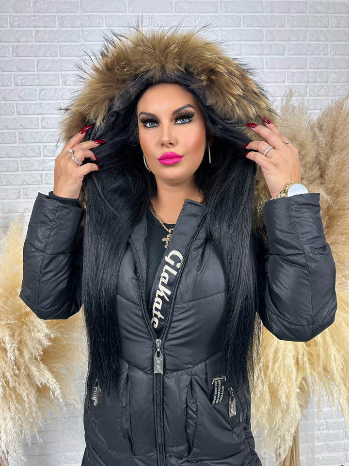 Kurtka MESA - długa zimowa kurtka, kaptur z futerkiem