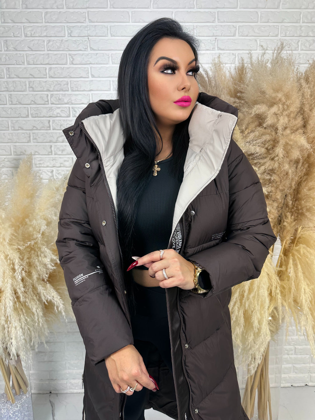 Kurtka zimowa BIANCA - długa, bardzo ciepła, pikowana z kapturem