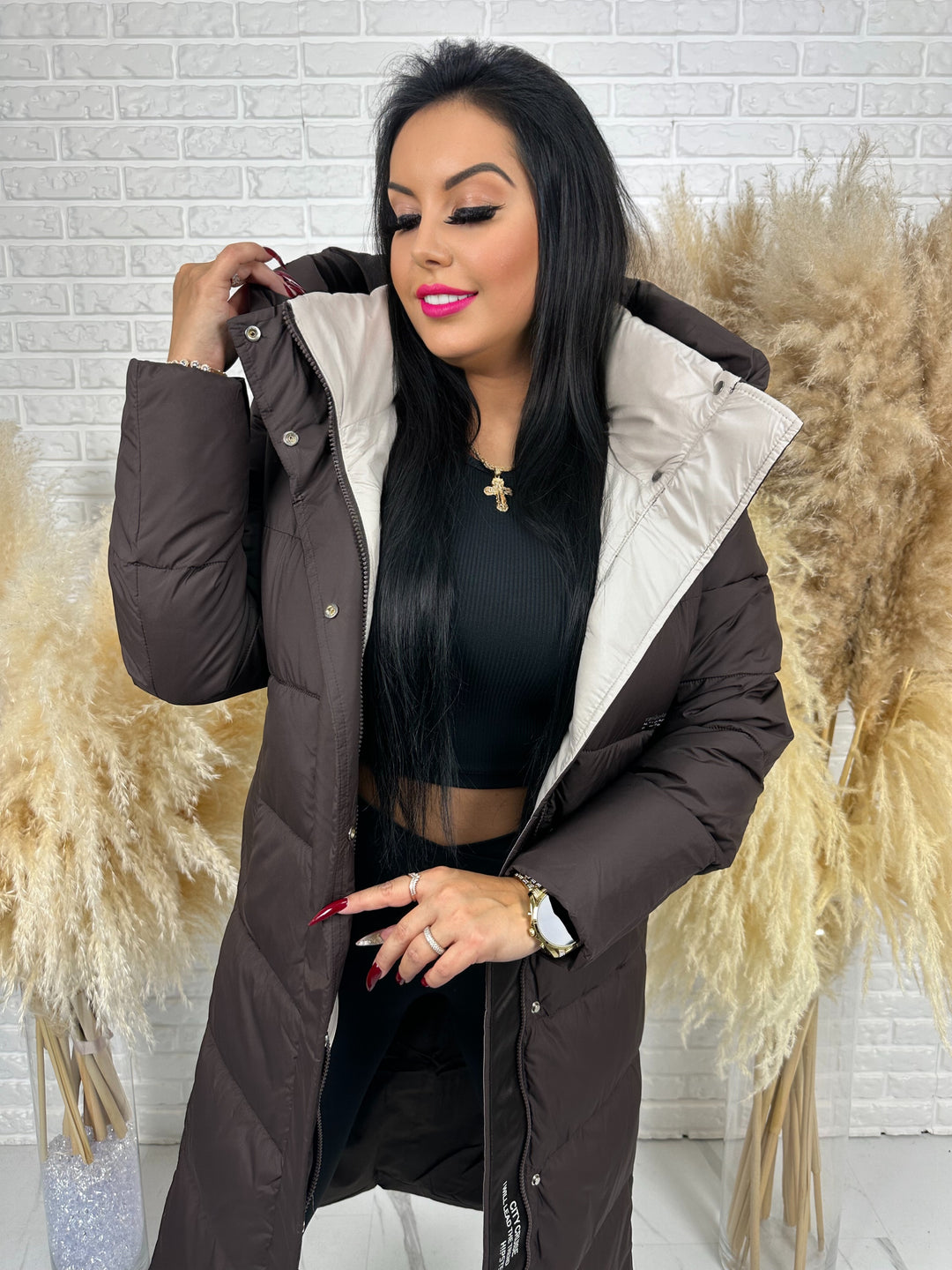 Kurtka zimowa BIANCA - długa, bardzo ciepła, pikowana z kapturem