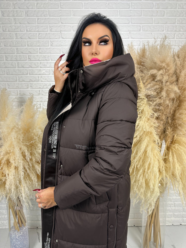 Kurtka zimowa BIANCA - długa, bardzo ciepła, pikowana z kapturem