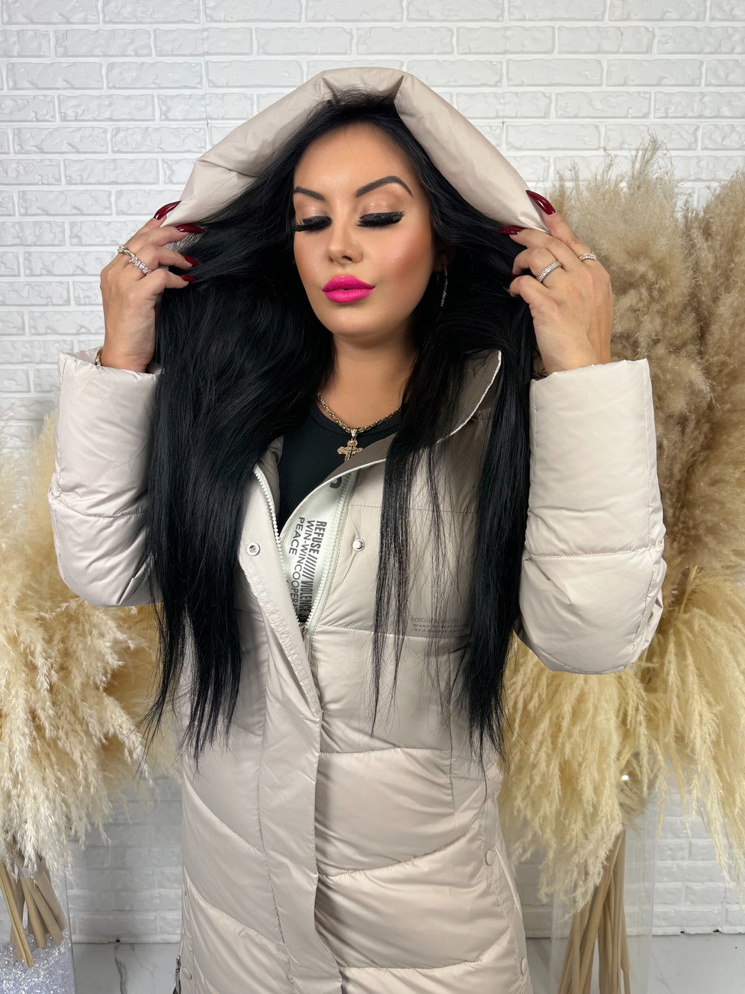 Kurtka zimowa BIANCA - długa, bardzo ciepła, pikowana z kapturem