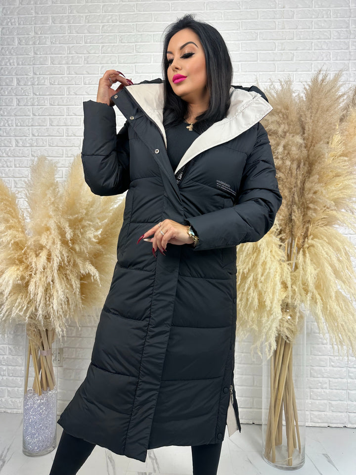 Kurtka zimowa BIANCA - długa, bardzo ciepła, pikowana z kapturem