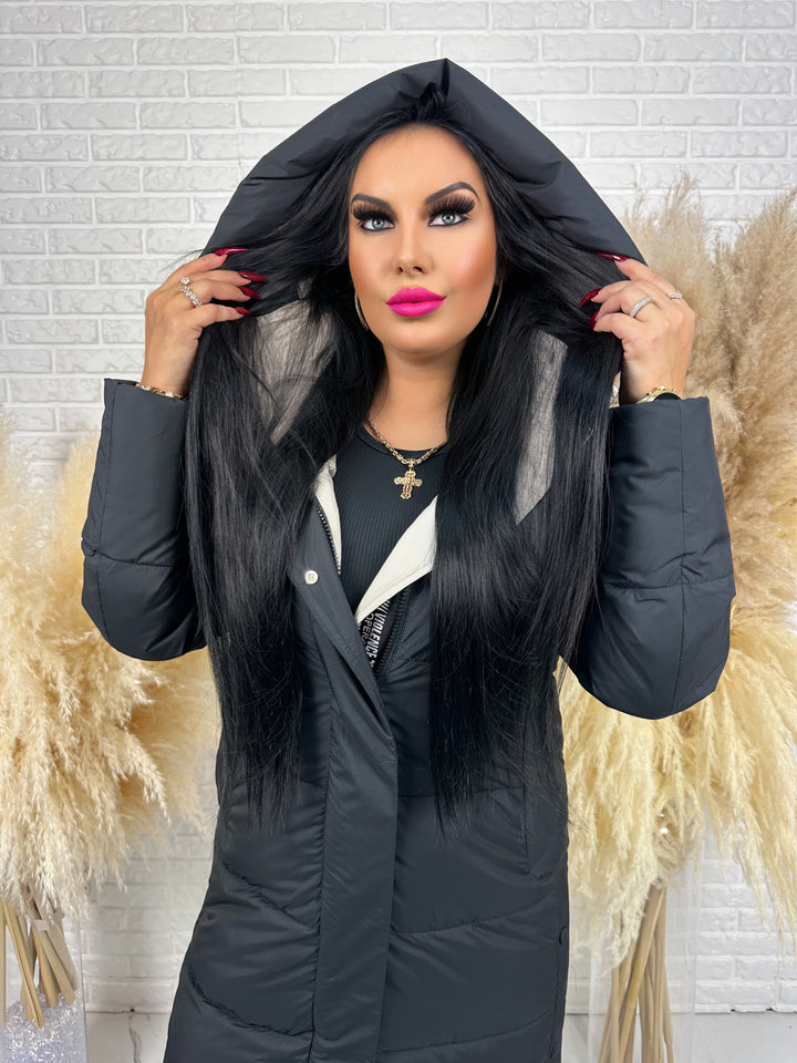 Kurtka zimowa BIANCA - długa, bardzo ciepła, pikowana z kapturem