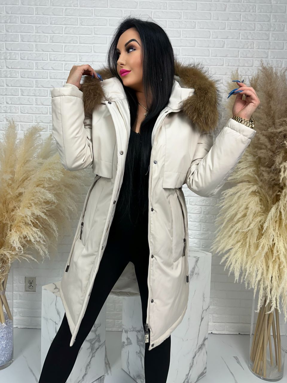 Parka damska zimowa premium JULIA z futrem naturalnym fango