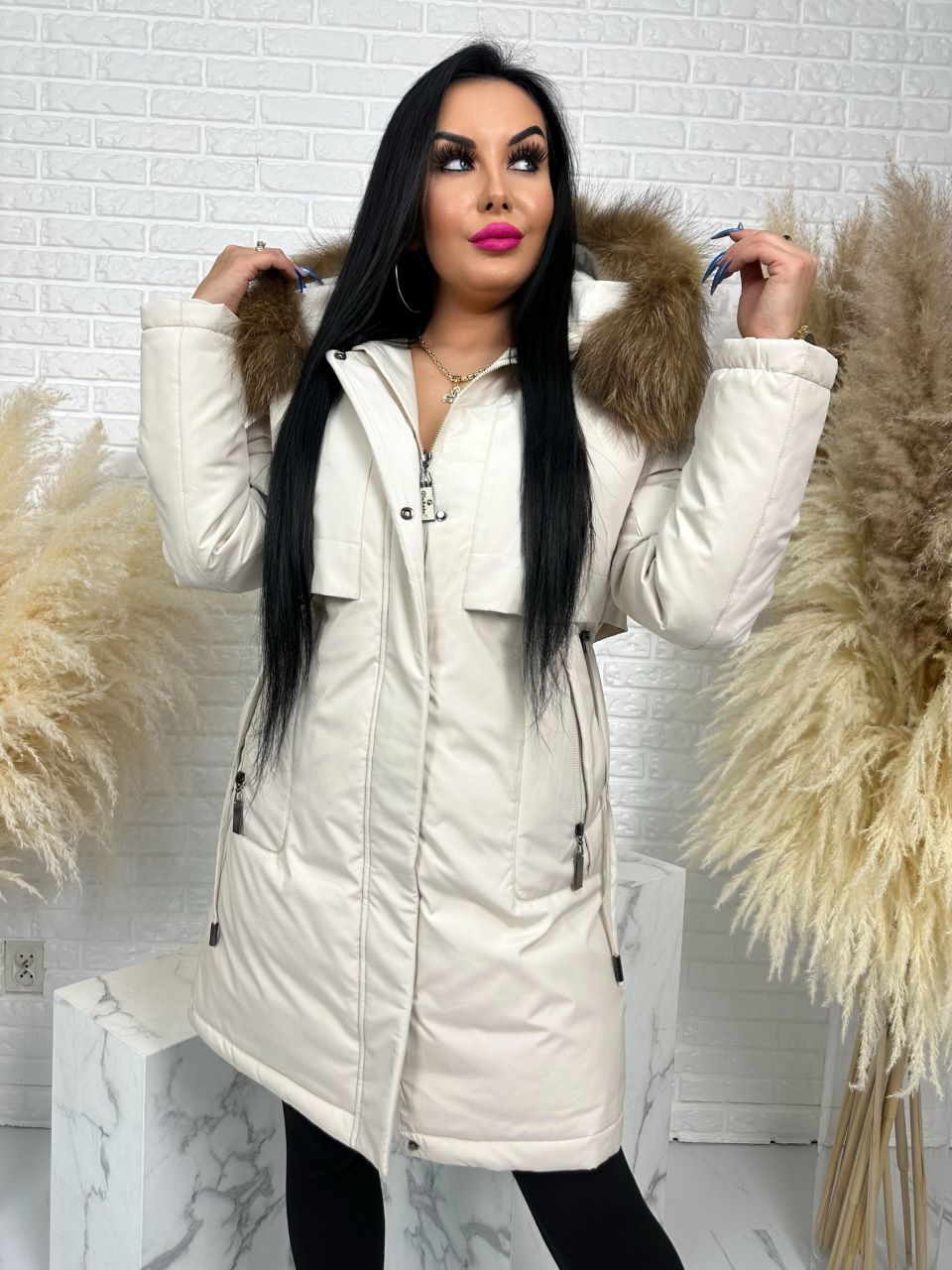 Parka damska zimowa premium JULIA z futrem naturalnym fango