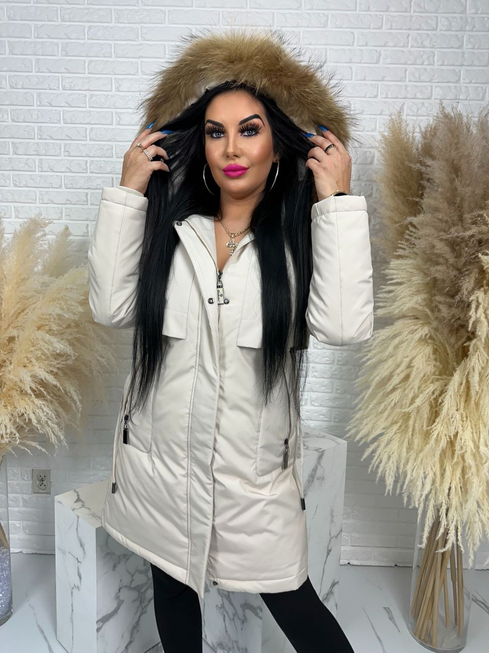 Parka damska zimowa premium JULIA z futrem naturalnym fango