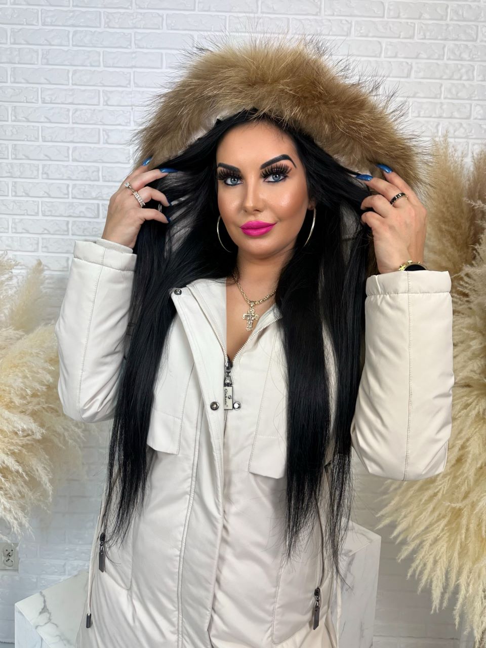 Parka damska zimowa premium JULIA z futrem naturalnym fango
