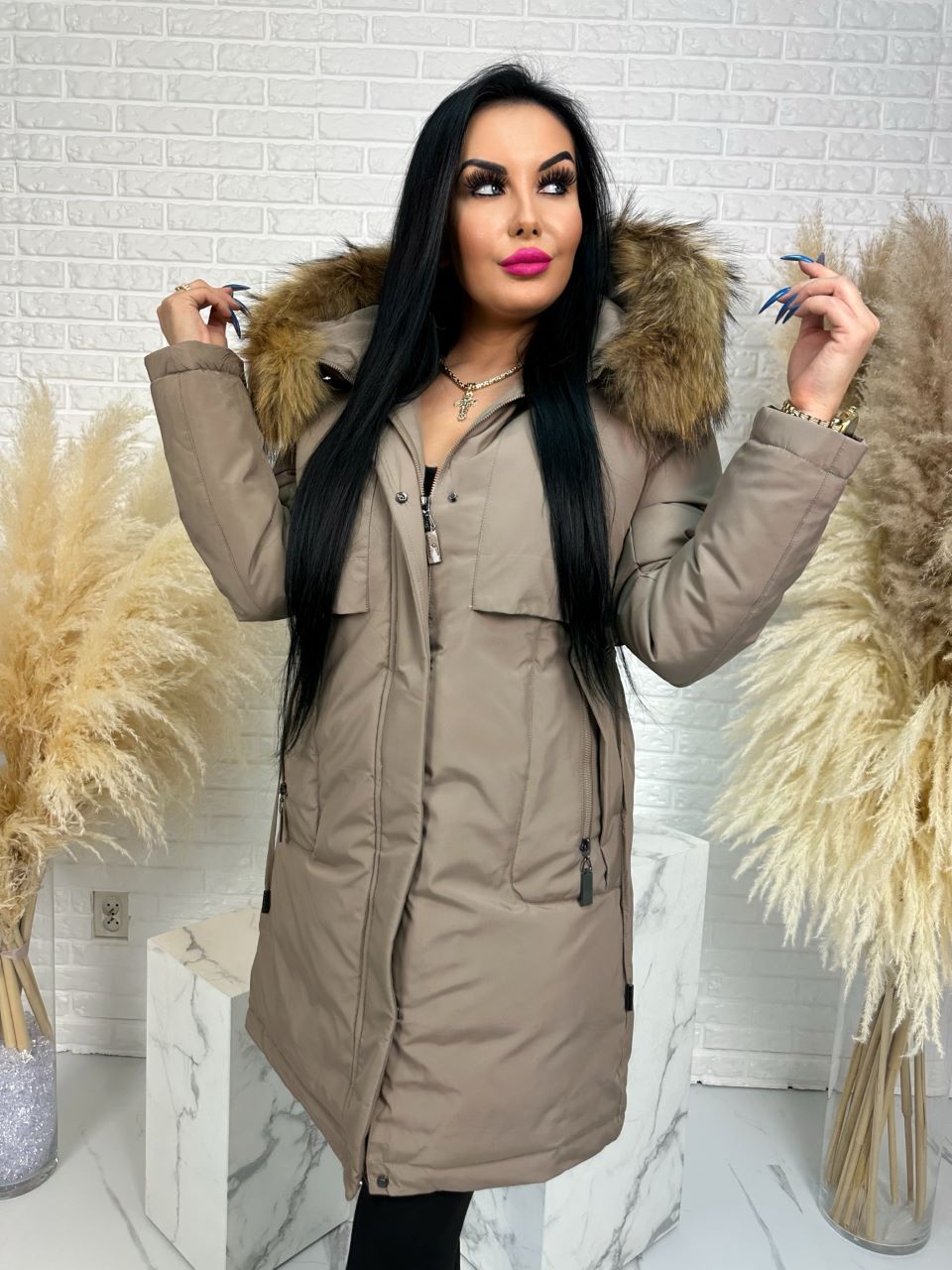Parka damska zimowa premium JULIA z futrem naturalnym fango