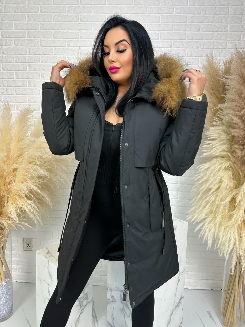 Parka damska zimowa premium JULIA z futrem naturalnym fango