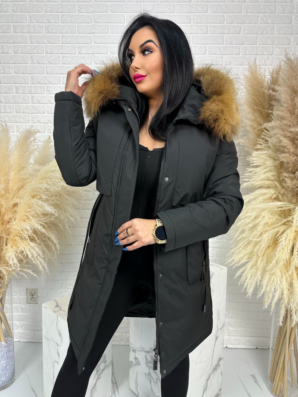 Parka damska zimowa premium JULIA z futrem naturalnym fango
