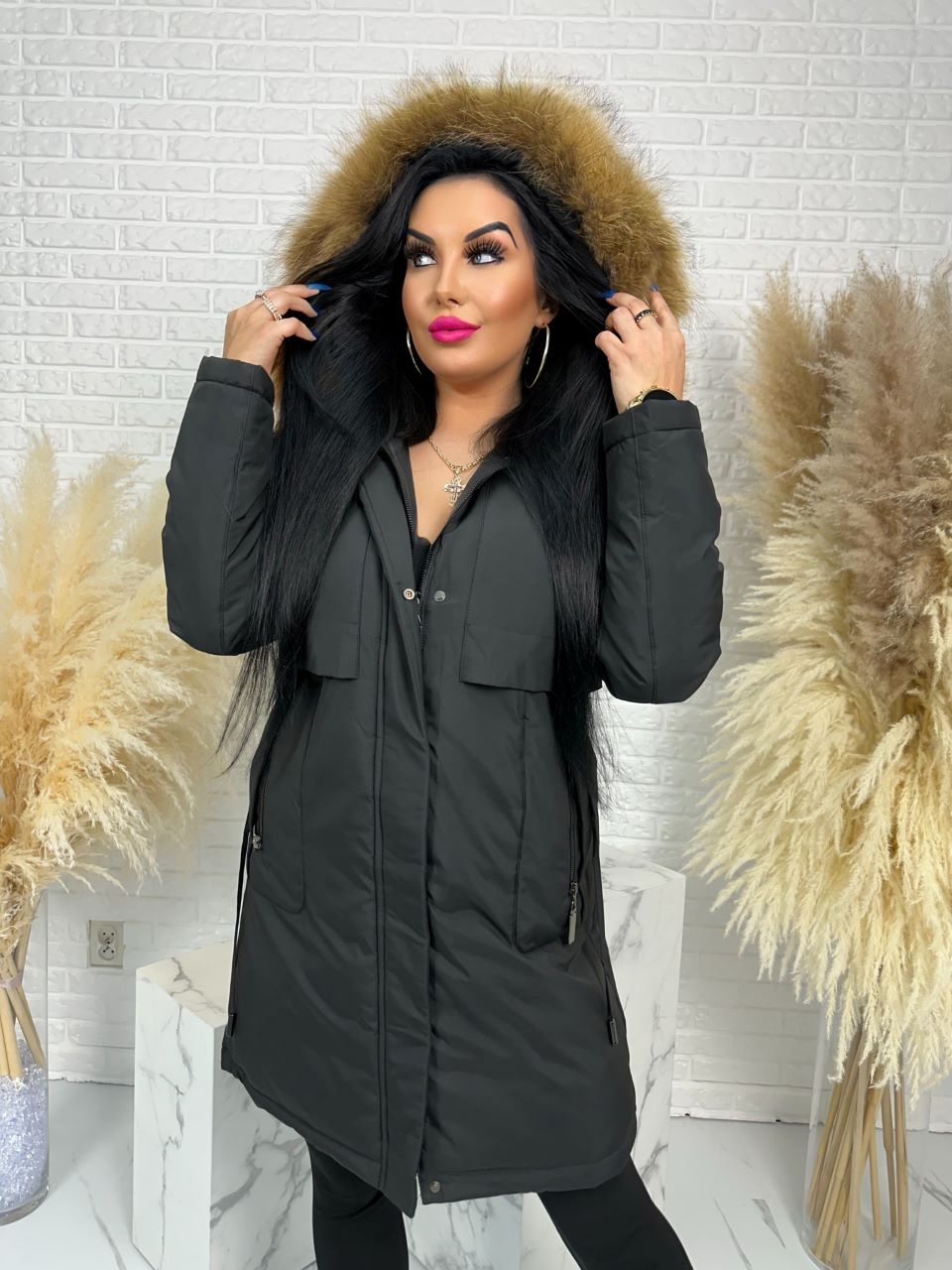 Parka damska zimowa premium JULIA z futrem naturalnym fango