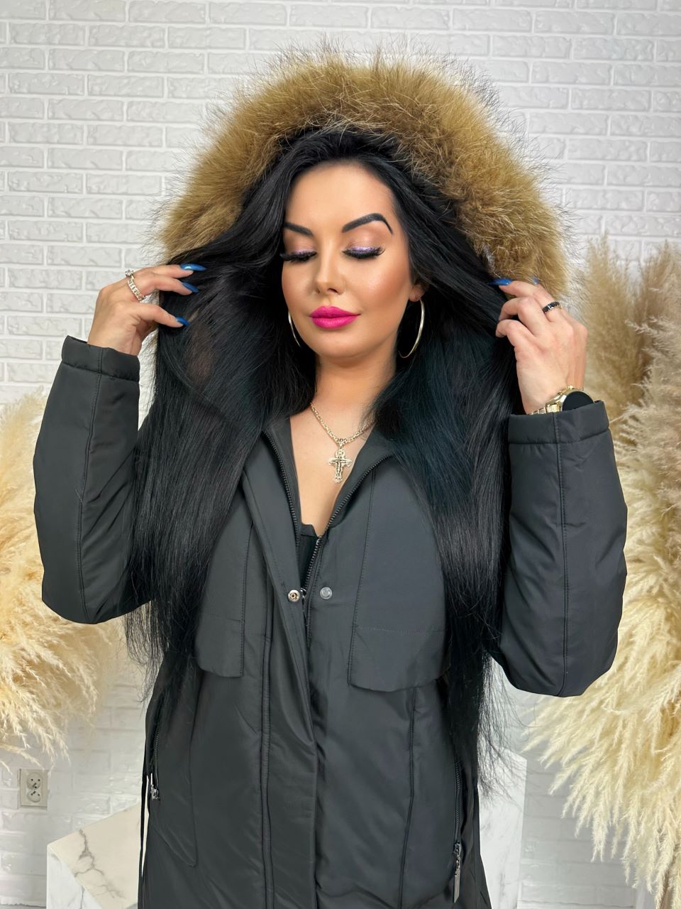 Parka damska zimowa premium JULIA z futrem naturalnym fango