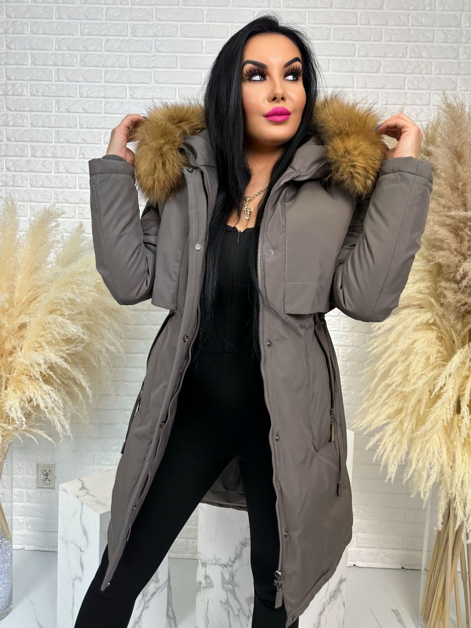 Parka damska zimowa premium JULIA z futrem naturalnym fango