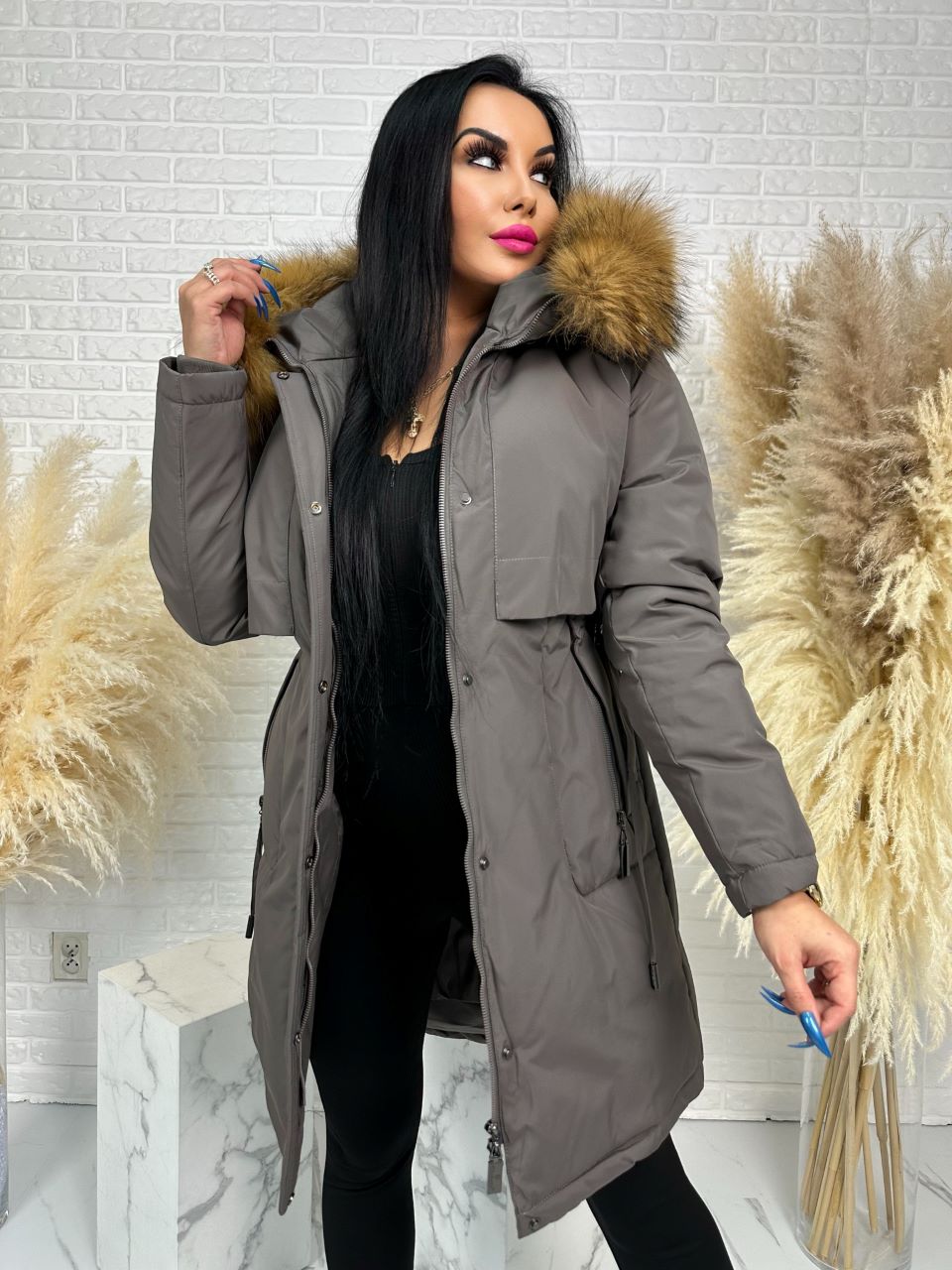 Parka damska zimowa premium JULIA z futrem naturalnym fango