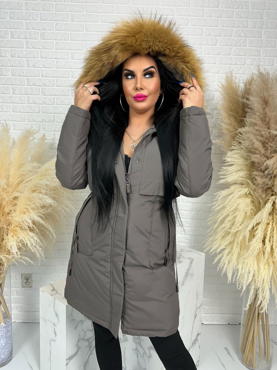 Parka damska zimowa premium JULIA z futrem naturalnym fango