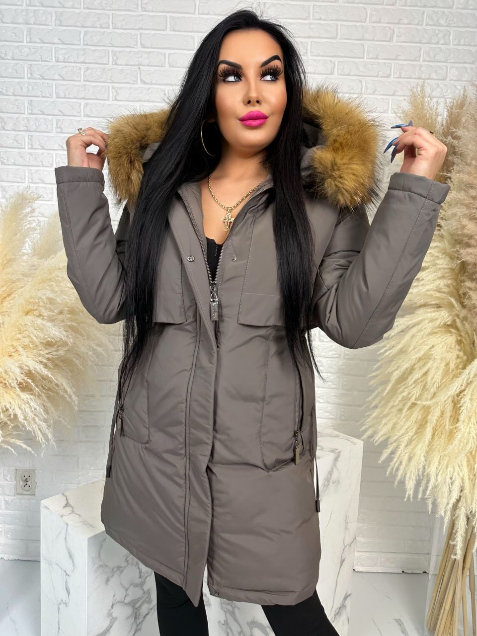 Parka damska zimowa premium JULIA z futrem naturalnym fango