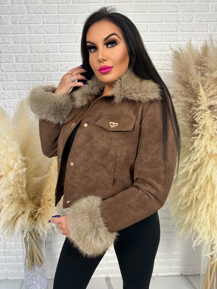 Kurtka zamszowa VELVET - ocieplana w środku, kołnierz i rękawy z futerkiem