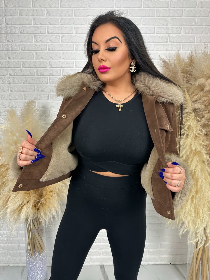 Kurtka zamszowa VELVET - ocieplana w środku, kołnierz i rękawy z futerkiem