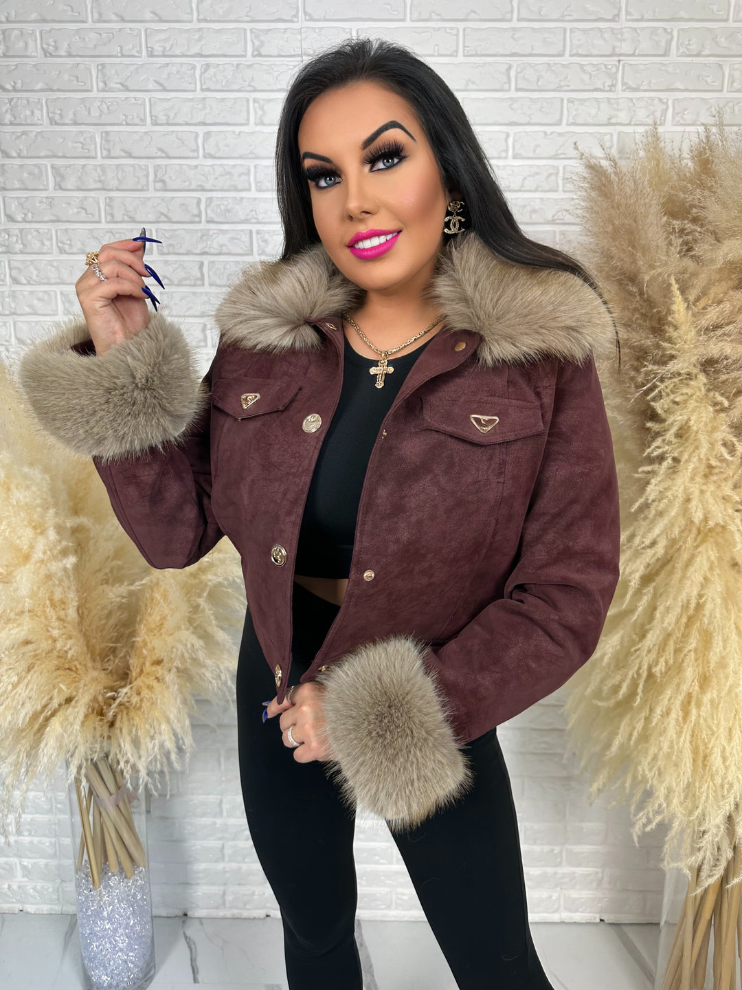 Kurtka zamszowa VELVET - ocieplana w środku, kołnierz i rękawy z futerkiem