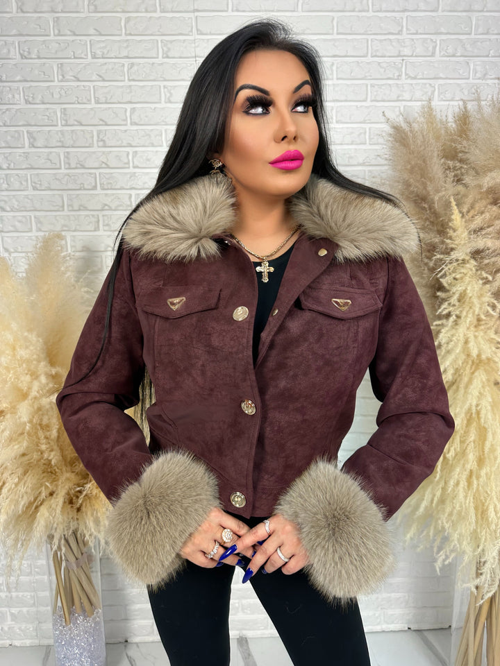 Kurtka zamszowa VELVET - ocieplana w środku, kołnierz i rękawy z futerkiem