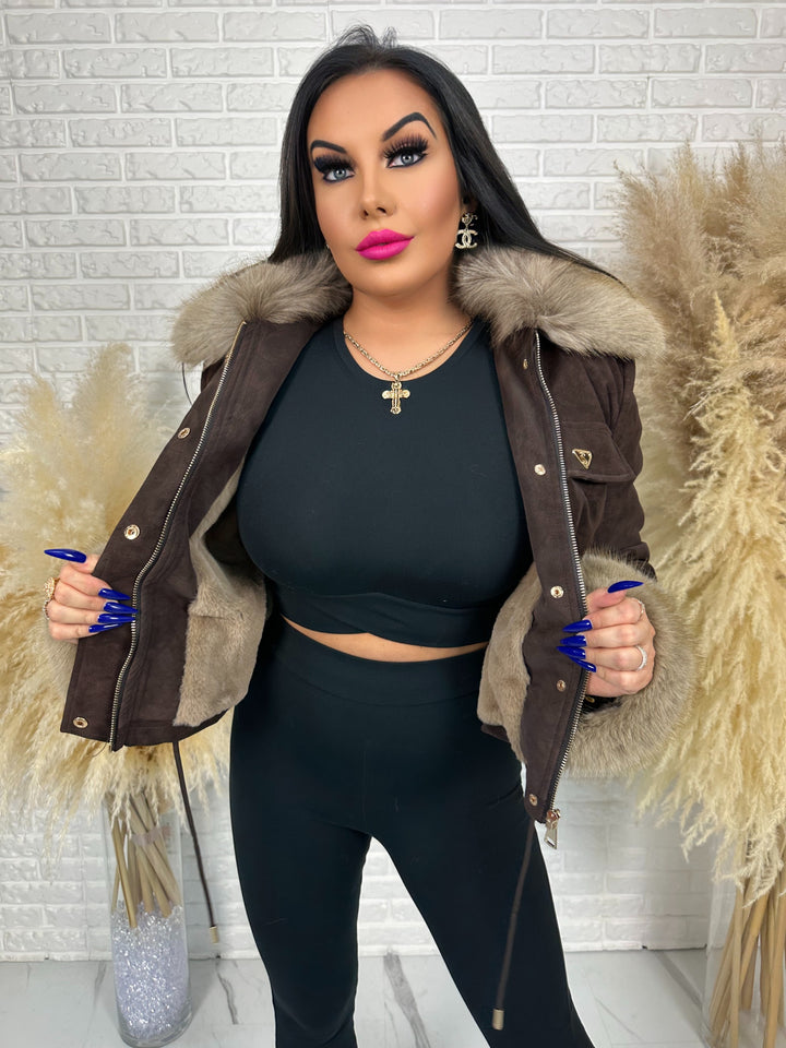 Kurtka jesienno-zimowa ROYAL - zamszowa, ocieplana z futerkiem