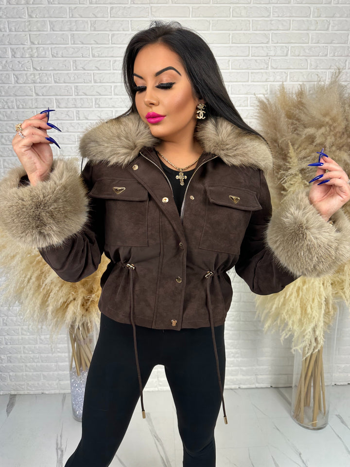 Kurtka jesienno-zimowa ROYAL - zamszowa, ocieplana z futerkiem