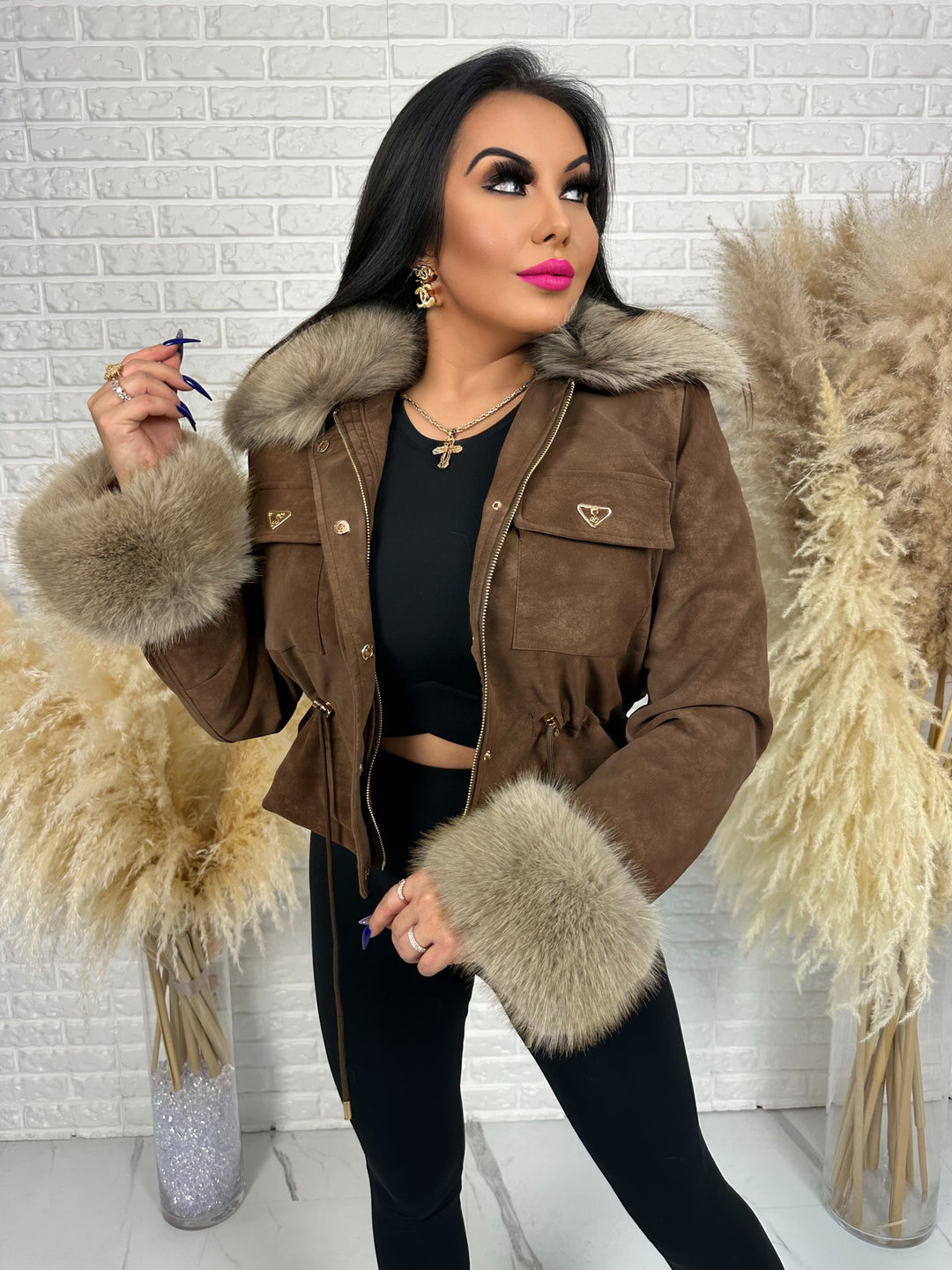 Kurtka jesienno-zimowa ROYAL - zamszowa, ocieplana z futerkiem