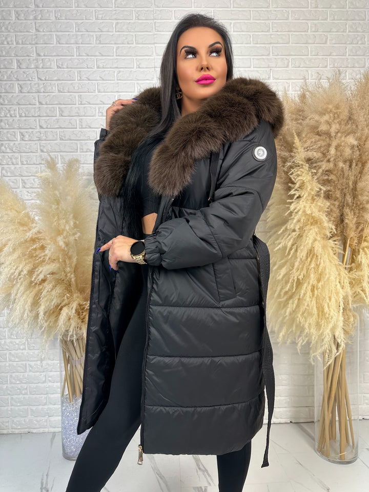 Kurtka zimowa AMBER - długa kurtka z futerkiem przy kapturze