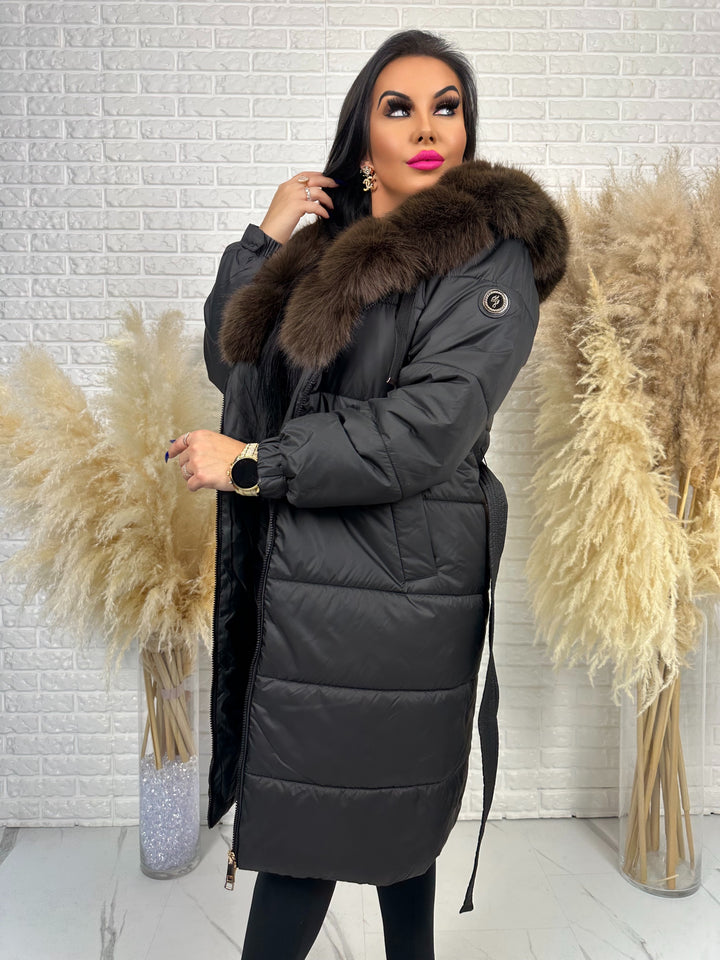 Kurtka zimowa AMBER - długa kurtka z futerkiem przy kapturze