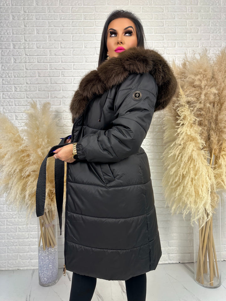 Kurtka zimowa AMBER - długa kurtka z futerkiem przy kapturze