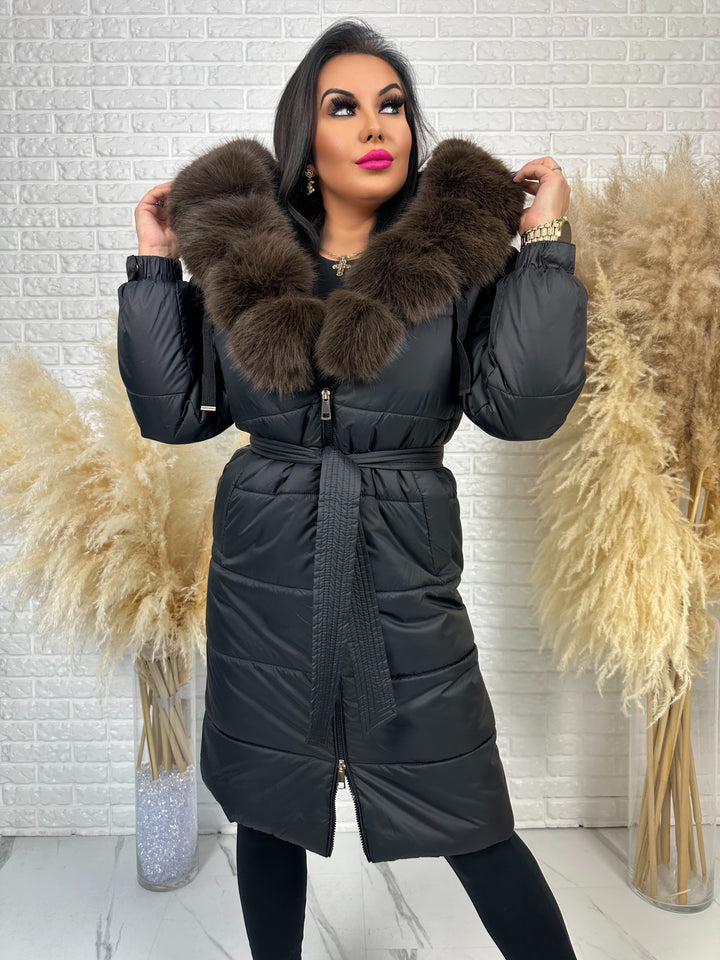 Kurtka zimowa AMBER - długa kurtka z futerkiem przy kapturze