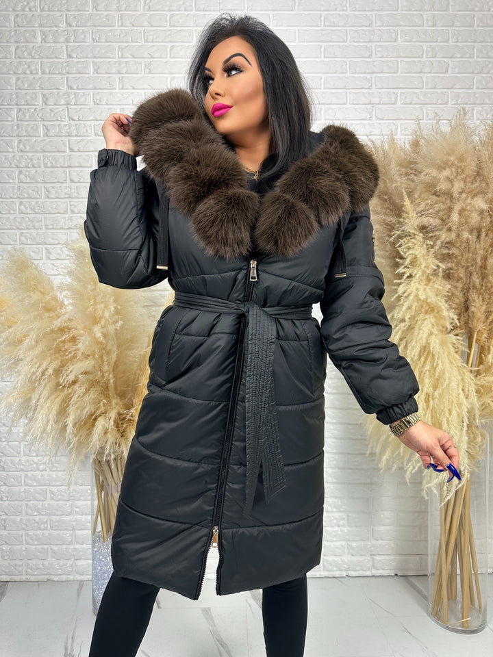 Kurtka zimowa AMBER - długa kurtka z futerkiem przy kapturze